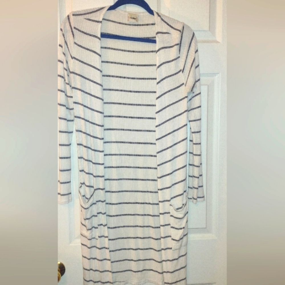 Long calf length stripped cardigan